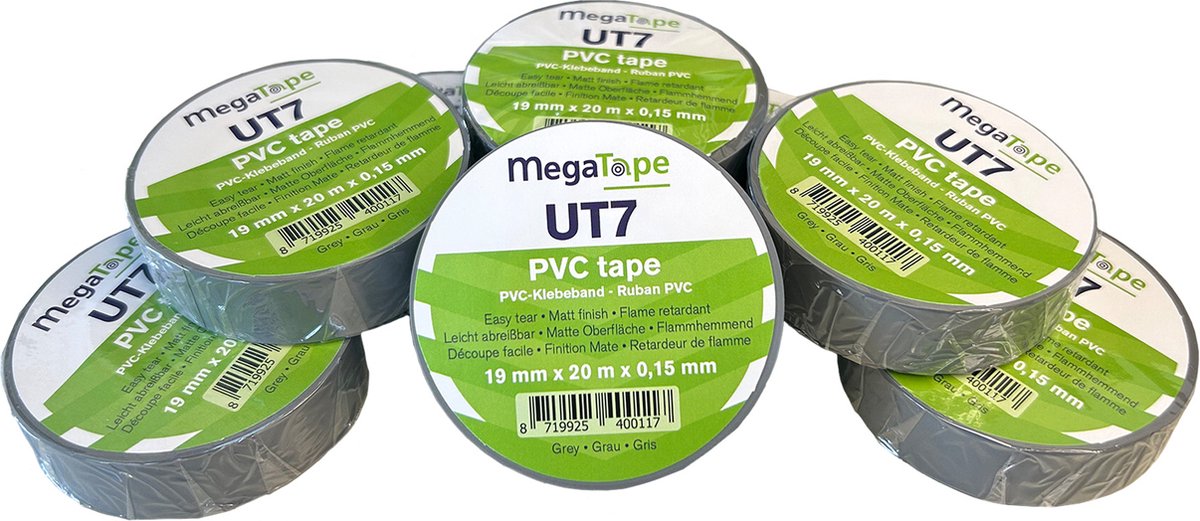 Megatape - UT7 PVC isolatietape - 19mm x 20mtr - Grijs - 8 Rollen - 15my dik - (021.0724)