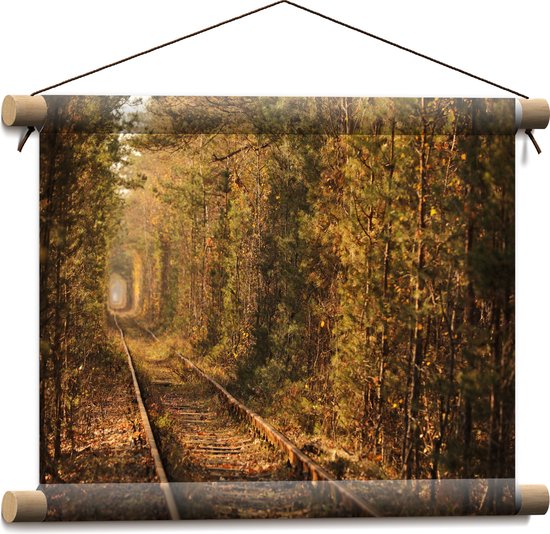 Textielposter met een spoorlijn door een tunnel van bomen in de herfst. Zonnige kleuren, warme sfeer.