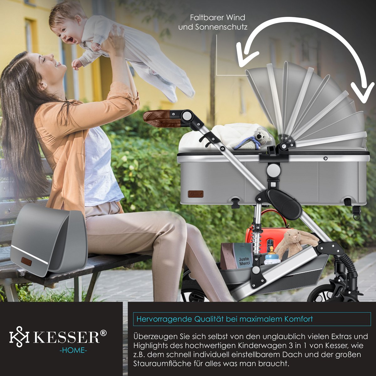 KESSER® Loops 3 in 1 Stroller combo juego completo de sillas de paseo incl. Asiento deportivo para bañera y silla de paseo, neumáticos de caucho macizo, bolso cambiador