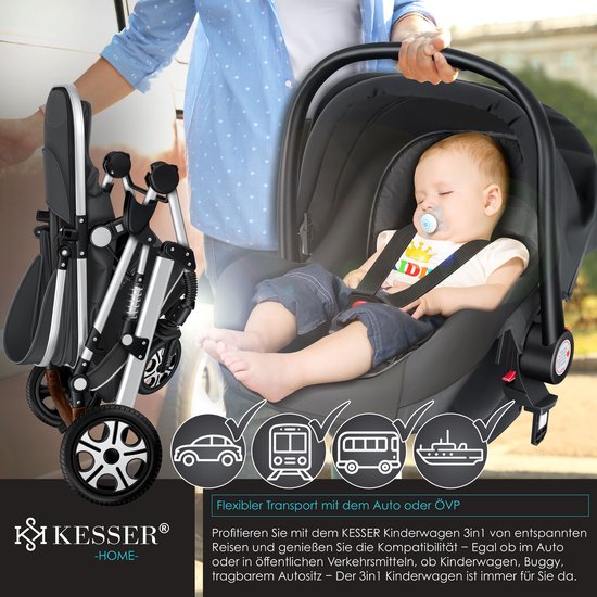 KESSER® Kinderwagen 3 in 1 Loops Wandelwagen Set incl. Autostoel & Reiswieg & Buggy Sportzitje - Massieve Rubberbanden - Luiertas / Regenhoes - Asfalt-Grijs / Zilver — afbeelding 5