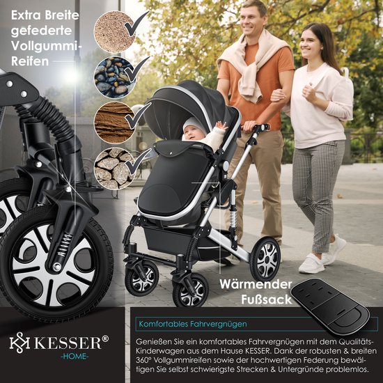 KESSER® Kinderwagen 3 in 1 Loops Wandelwagen Set incl. Autostoel & Reiswieg & Buggy Sportzitje - Massieve Rubberbanden - Luiertas / Regenhoes - Asfalt-Grijs / Zilver — afbeelding 2