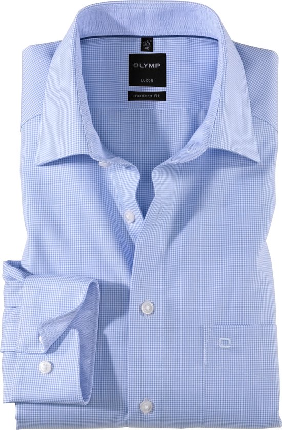 OLYMP Luxor modern fit overhemd - lichtblauw met wit geruit (contrast) - Strijkvrij - Boordmaat: 40