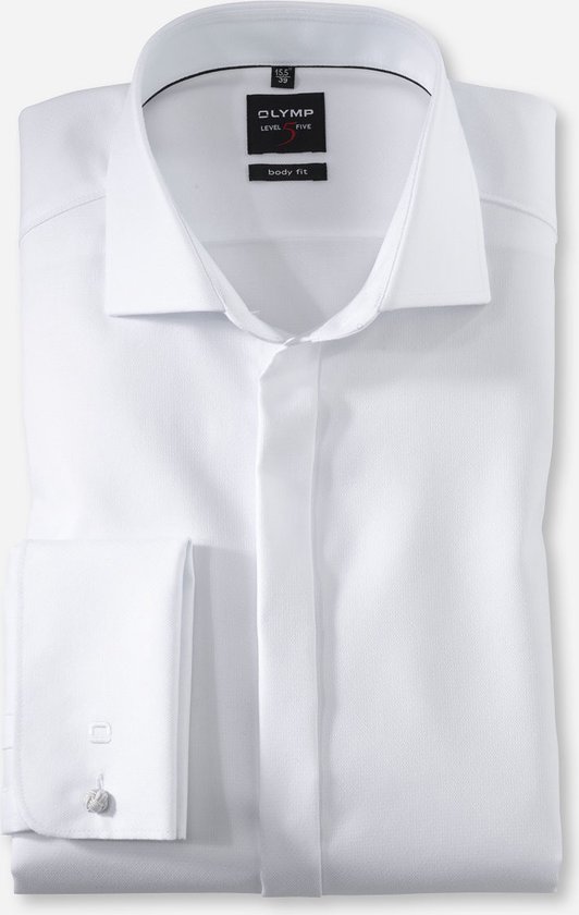 OLYMP Level 5 body fit overhemd - smoking overhemd - wit structuur met Kent kraag - Strijkvriendelijk - Boordmaat: 37