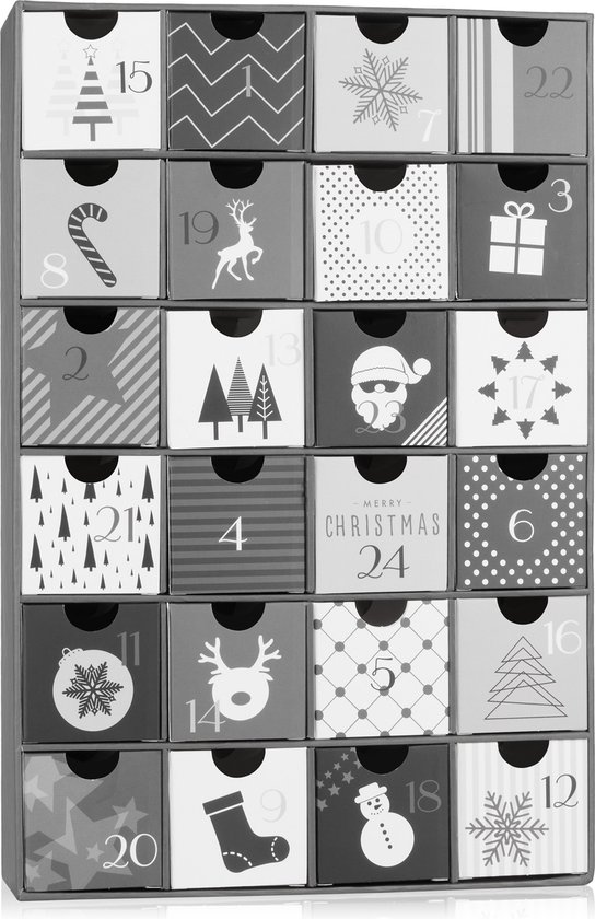 BRUBAKER Adventskalender om te vullen - Zwarte en Witte Kerst - Kerstkalender met 24 Vakjes om zelf te vullen met kleine Cadeautjes - 32,5 cm hoog - Karton