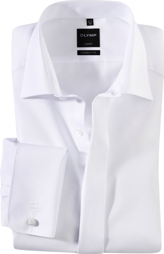 OLYMP Luxor modern fit overhemd - smoking overhemd - wit - gladde stof met Kent kraag - Strijkvrij - Boordmaat: