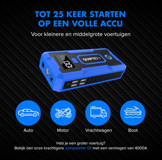 Quipted 7-in-1 Jumpstarter voor auto - 12V Starthulp - 1000A - Startbooster - Incl Opbergcase - Quipted