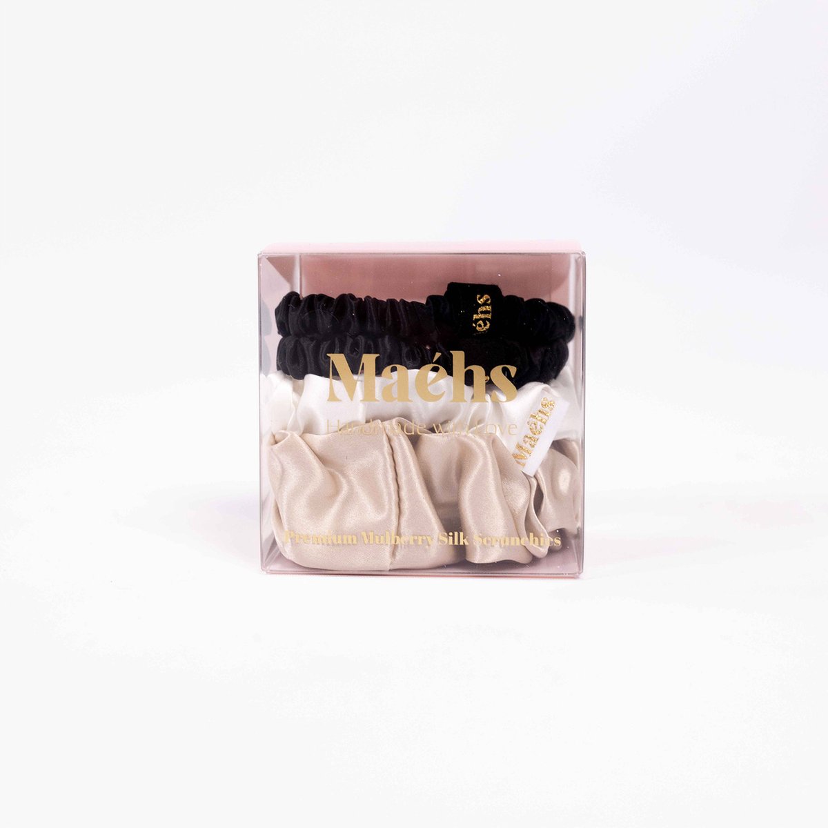 Maéhs Paris Set van 4 mixed scrunchies 2x small medium, large haaraccessoires - haarelastiekjes - 100% moerbei zijde, kwaliteit 22 Momme - Kleur Black, Ivory, Champagne - cadeautip