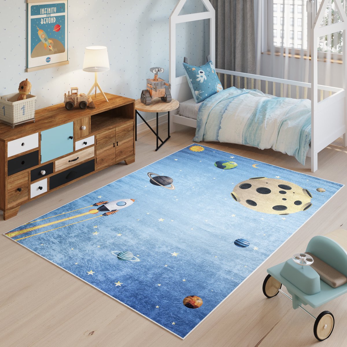 Tapiso Emma Vloerkleed Kinderkamer Jeugdtapijt Blauw Heelal Speelmat- 160x230