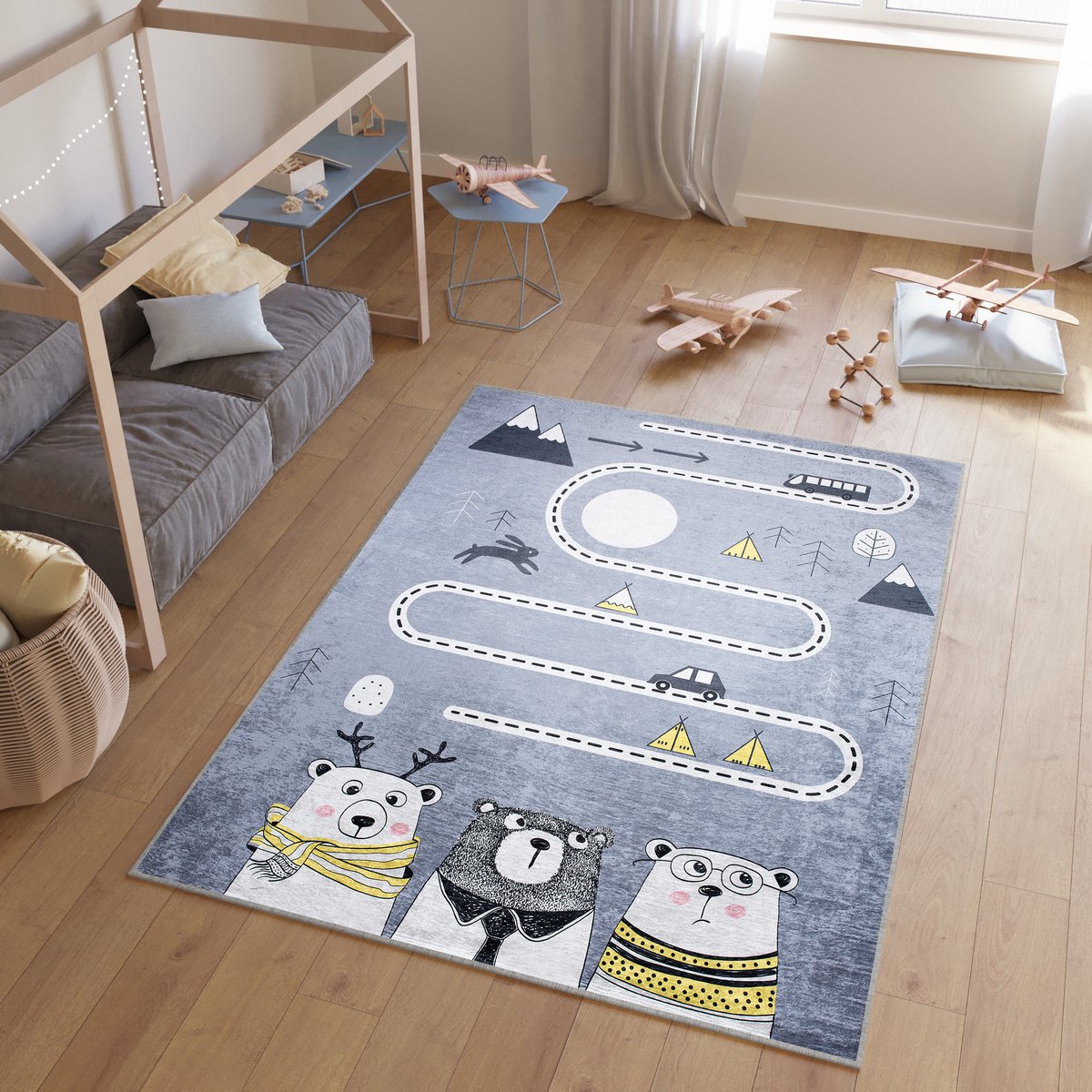 Tapiso Emma Vloerkleed Kindertapijt Dieren Kinderkamer Baby Kinderen Tapijt Maat- 120x170 Grijs Geel