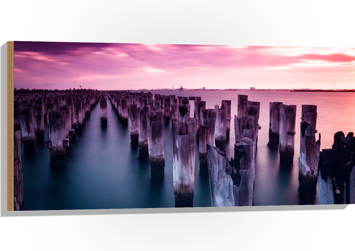 Hout - Palen - Water - Hout - Zee - Kleuren - 100x50 cm - 9 mm dik - Foto op Hout (Met Oph