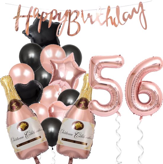 56 Jaar Verjaardag Cijferballon 56 - Feestpakket Snoes Ballonnen Pop The Bottles - Rose Zwart Versiering