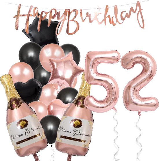 52 Jaar Verjaardag Cijferballon 52 - Feestpakket Snoes Ballonnen Pop The Bottles - Rose Zwart Versiering