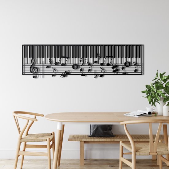 Wanddecoratie | Piano- en Muzieknoten / Piano and Music Notes | Metal - Wall Art | Muurdecoratie | Woonkamer | Buiten Decor |Zwart| 100x28cm