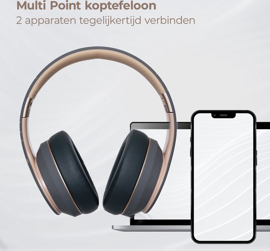 Grijze en gouden PowerLocus P6 koptelefoon naast een laptop en smartphone. Tekst "Multi Point koptelefoon".