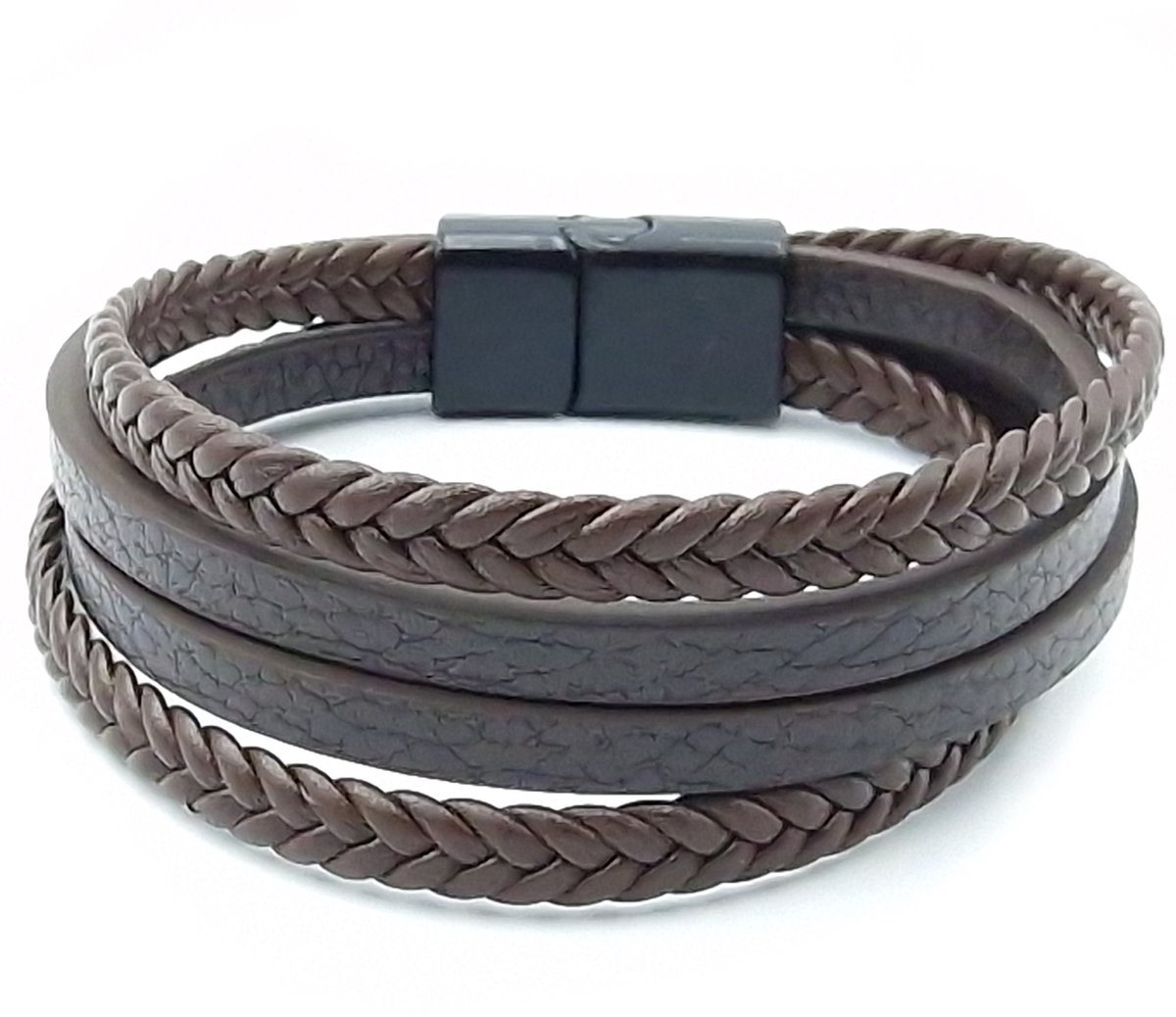 Bruine herenarmband met strookjes pu-leer en metalen magneetsluiting