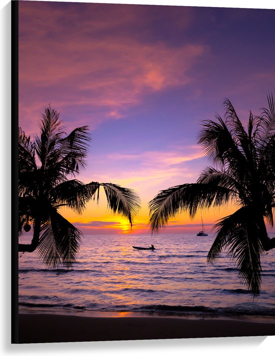 Canvas - Silhouet van Palmbomen Hangend boven het Strand op Zomerse Avond - 75x100 cm Foto op Canvas Schilderij (Wanddecoratie op Canvas)