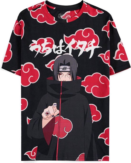 Naruto Shippuden Heren Tshirt Itachi Clouds - Digital Printed Zwart