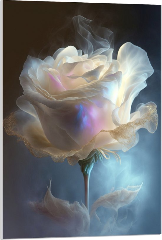 Acrylglas - Rokende Witte Roos - 60x90 cm Foto op Acrylglas (Wanddecoratie op Acrylaat)
