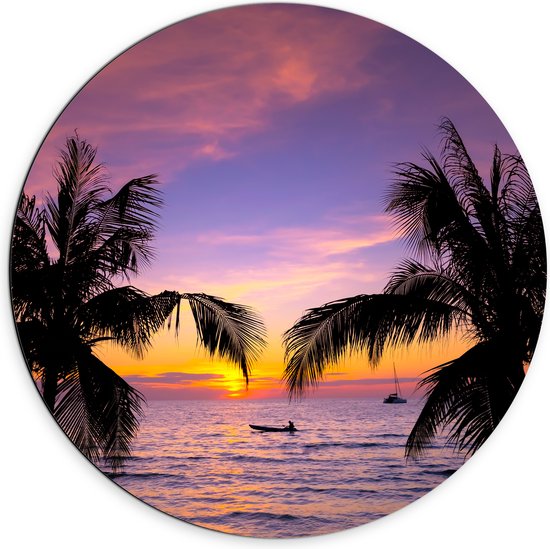 Dibond Muurcirkel - Silhouet van Palmbomen Hangend boven het Strand op Zomerse Avond - 70x70 cm Foto op Aluminium Muurcirkel (met ophangsysteem)