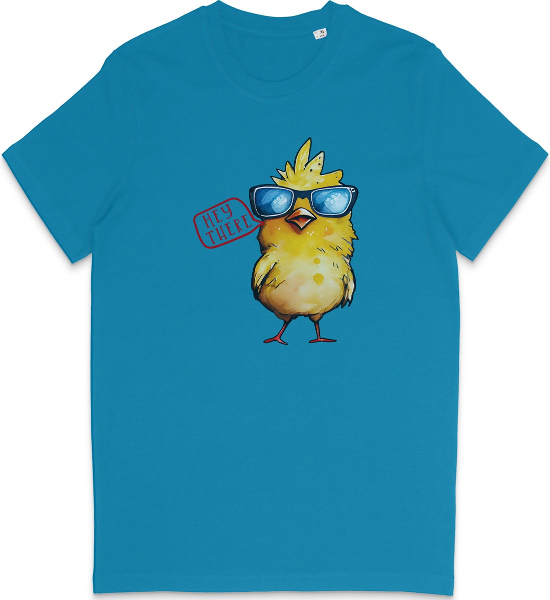 Heren en Dames T Shirt - Grappige Cartoon Kuiken 'Hey There' - Blauw - L
