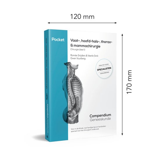 Boek 'Pocket Vaat-, hoofd-hals-, thorax- & mammachirurgie'. Titel en anatomische illustratie van de borstkas.