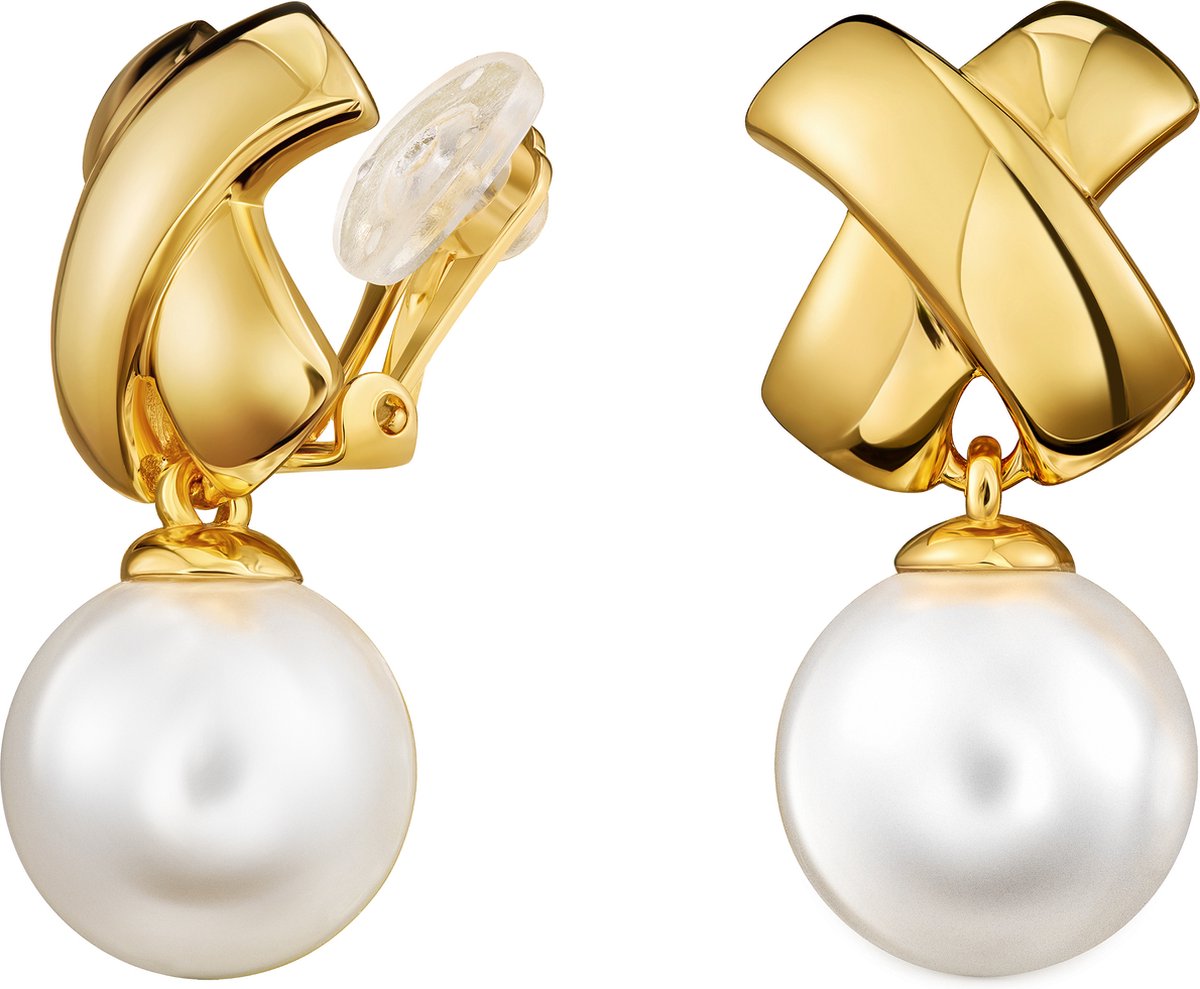 Traveller Clip Oorbellen - Oorclips Dames - Hangers - Goudkleurig - Parels - Wit - 14 mm - Pareloorclips - Oorhangers 30 mm - 110506