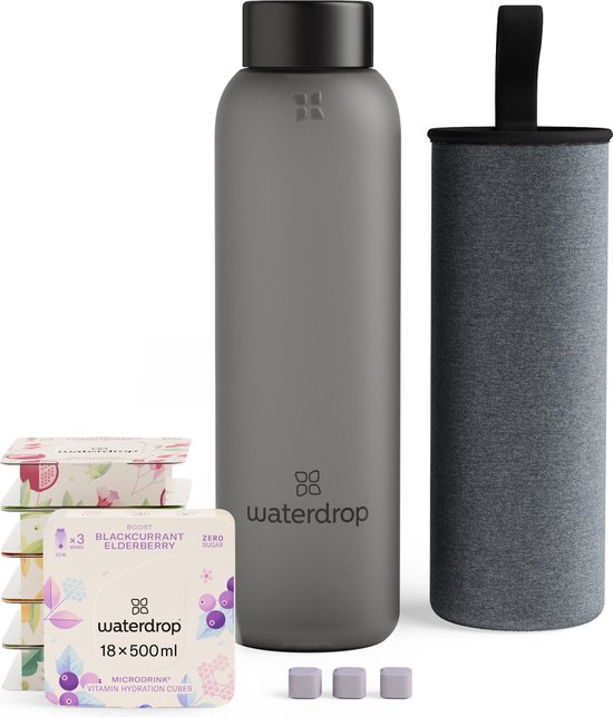 waterdrop® Starterset Glas - Black Frosted - 1 Glas drinkfles 600 ml + 18 Microdrink bruistabletten