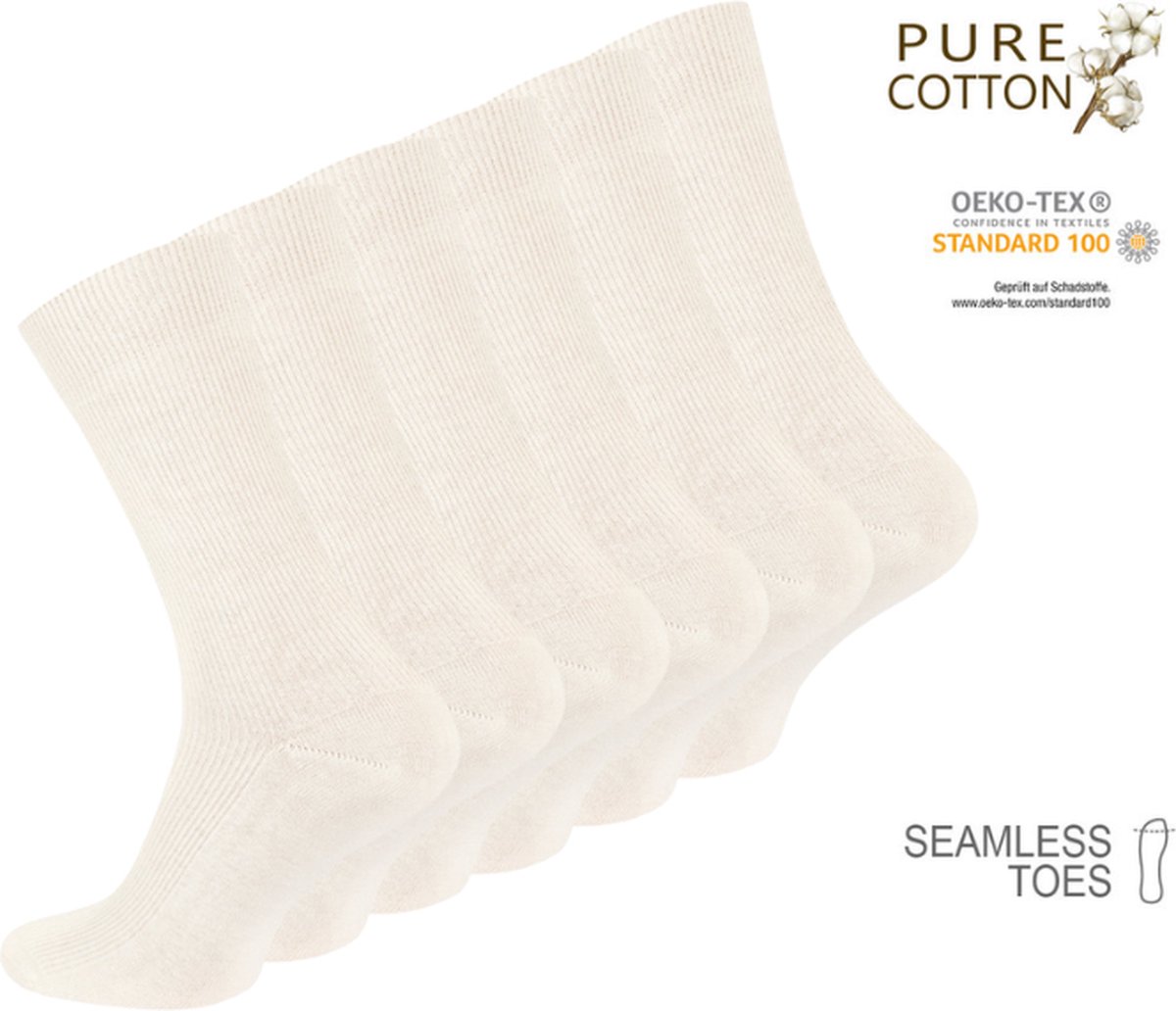 Premium 100% katoenen sokken - Rib - Naadloos - 6 Pack - Beige - Maat 39-42