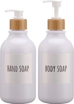 Distributeur de savon, lot de 2 distributeurs de savon de 500 ml avec pompe en bambou et étiquettes étanches en plastique rechargeable pour shampoing, lotion, savon pour les mains pour cuisine et salle de bain Blanc