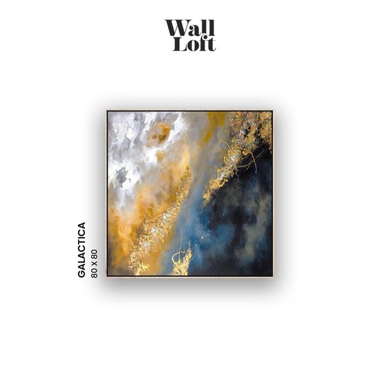 Wall-loft - hand geschilderd – Grijs Geel Goud Blauw Zwart Wit - Zwart Frame - Muurschilderij – Galactica - Eyecatcher – 80x80
