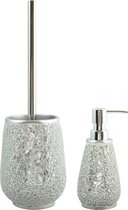 MSV Toiletborstel in houder 36 cm/zeeppompje 275 ml set Scarlett - Polyresin/rvs - zilver mozaiek