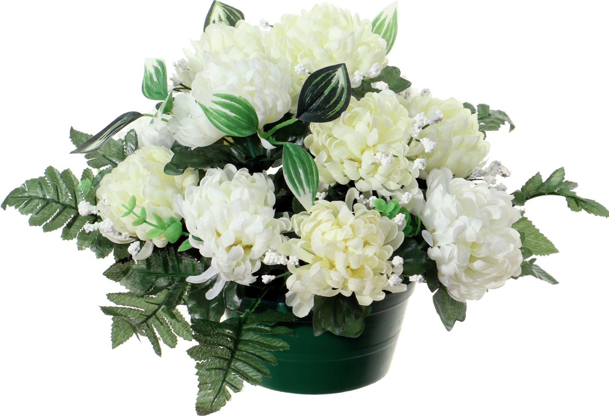 Louis Maes Kunstbloemen in pot - creme/wit - D30 x H24 cm - Bloemstuk ornament - crysanten met bladgroen