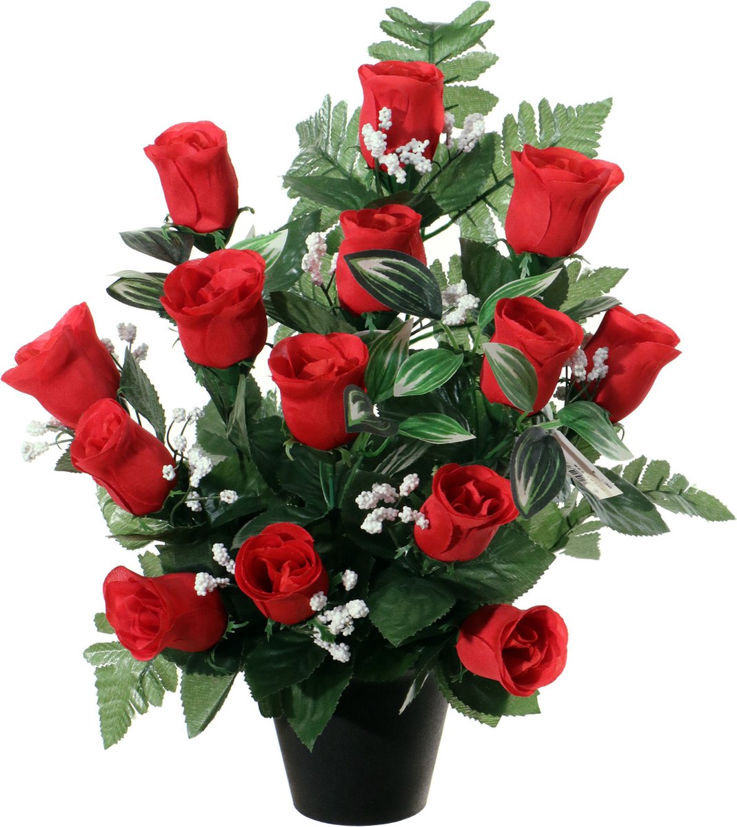Louis Maes Kunstbloemen in pot - rood - H35 cm - Bloemstuk ornament - rozen/gipskruid met bladgroen