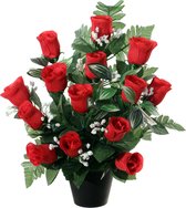 Louis Maes Kunstbloemen in pot - rood - H35 cm - Bloemstuk ornament - rozen/gipskruid met bladgroen