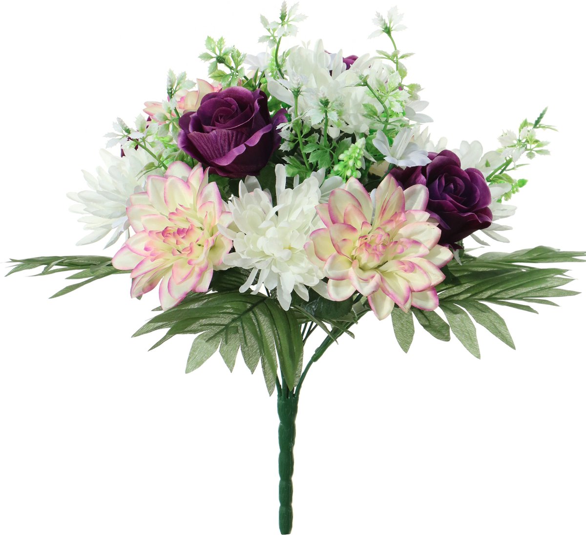 Louis Maes Kunstbloemen boeket roos/dahlia - paars/creme - H36 cm - Bloemstuk - Bladgroen