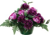 Louis Maes Kunstbloemen plantje in pot - kleuren paars - 25 cm - Bloemstuk ornament - ranonkels/asters met bladgroen