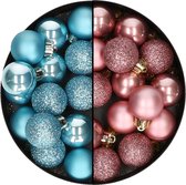 Decoris kleine kerstballen - 28x st - oudroze en ijsblauw - 3 cm - kunststof