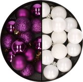 Decoris kleine kerstballen - 28x st - wit en paars - 3 cm - kunststof