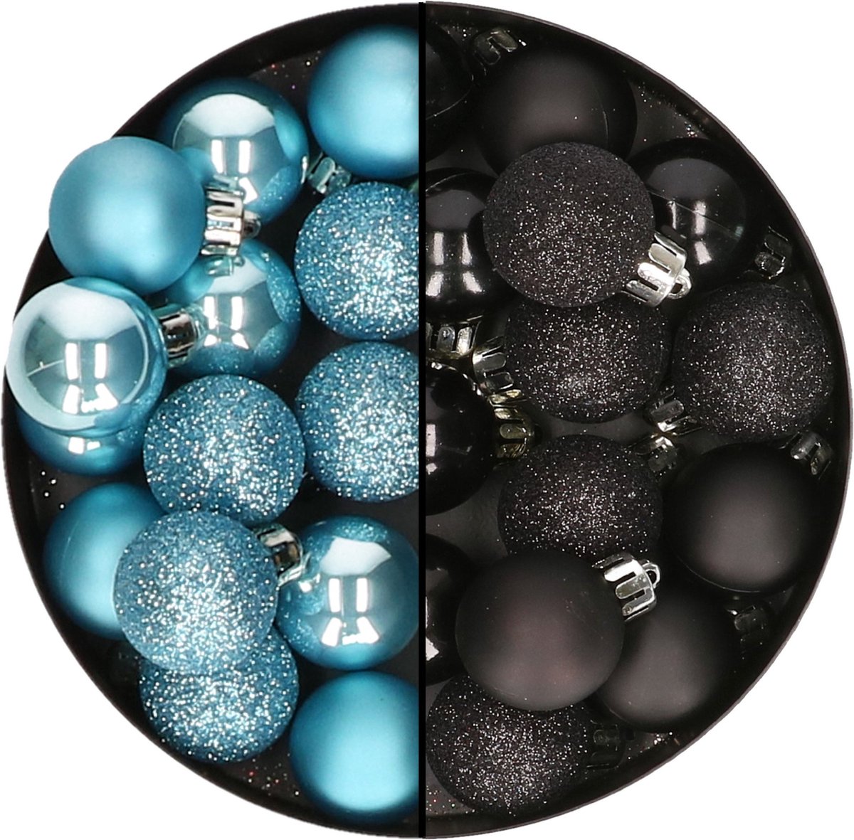 Zwarte en ijsblauwe kunststof kerstballen, set van 28 stuks, 3 cm groot - Decoris merk.