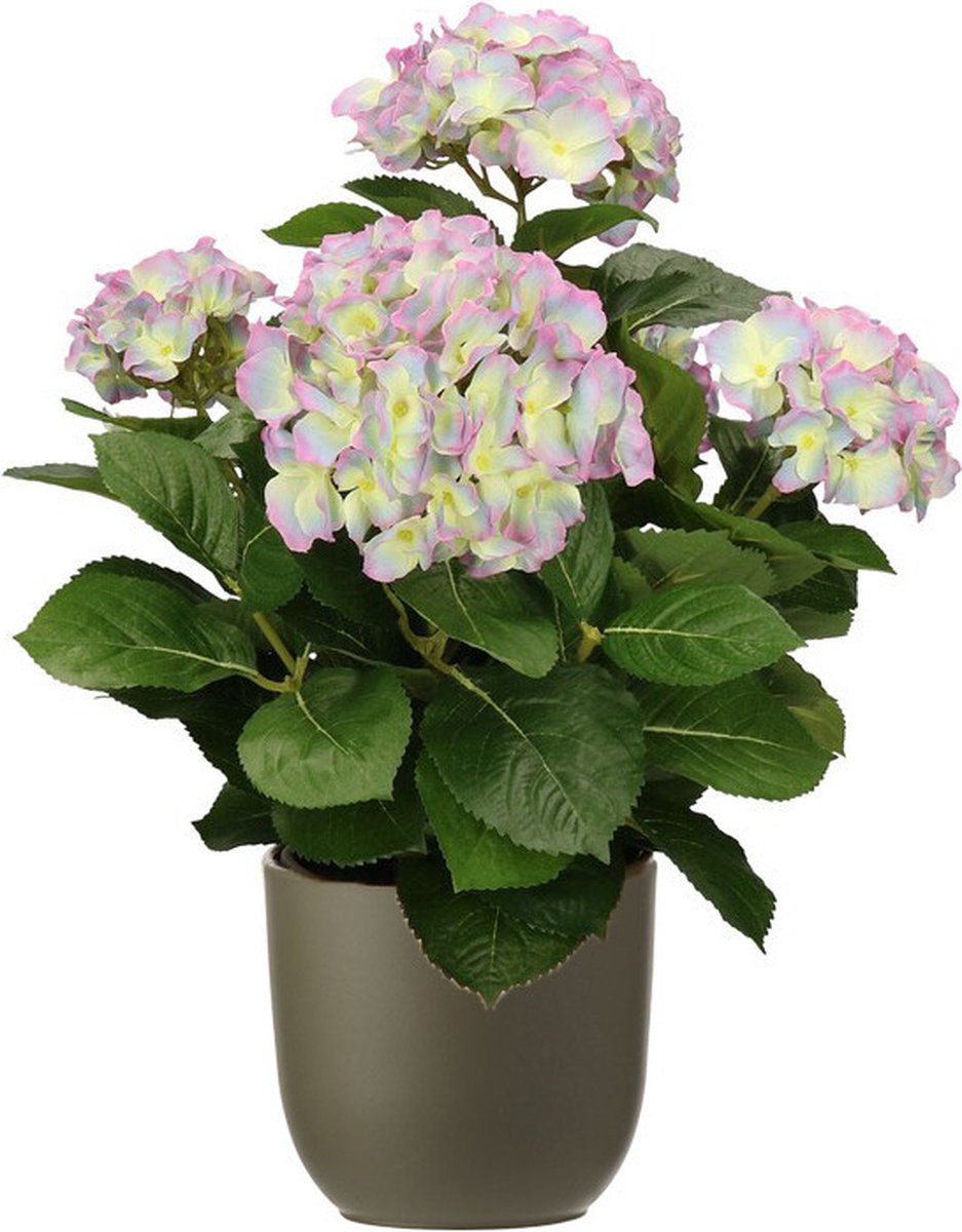 Hortensia kunstplant/kunstbloemen 45 cm - paars/groen - in pot olijfgroen mat - Kunst kamerplant