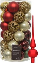 Kunststof kerstballen 37x st - rood/goud/parel/groen - 6 cm - met glazen piek rood
