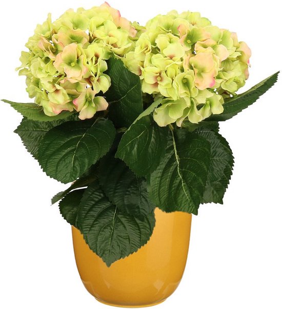 Hortensia kunstplant/kunstbloemen 36 cm - groen/roze - in pot okergeel glans - Kunst kamerplant