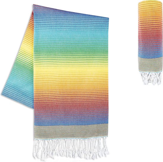 Premium fouta hammam handdoek met handgeknoopte franjes - 100% katoen XXL hamamdoek 100x200 cm - OEKO-TEX 100 pestemal strandlaken - saunahanddoek & strandlaken (rainbow)