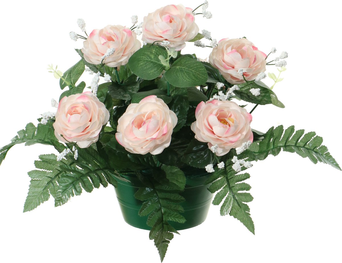 Louis Maes Kunstbloemen plantje in pot - lichtroze - 25 cm - Bloemstuk ornament - rozen met bladgroen