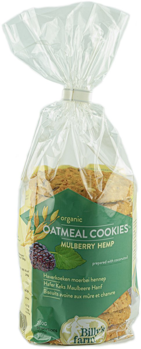 Billy's Farm Biologische Haverkoeken moerbei hennep (DOOS 8x200 gram grootverpakking) NL-BIO-01