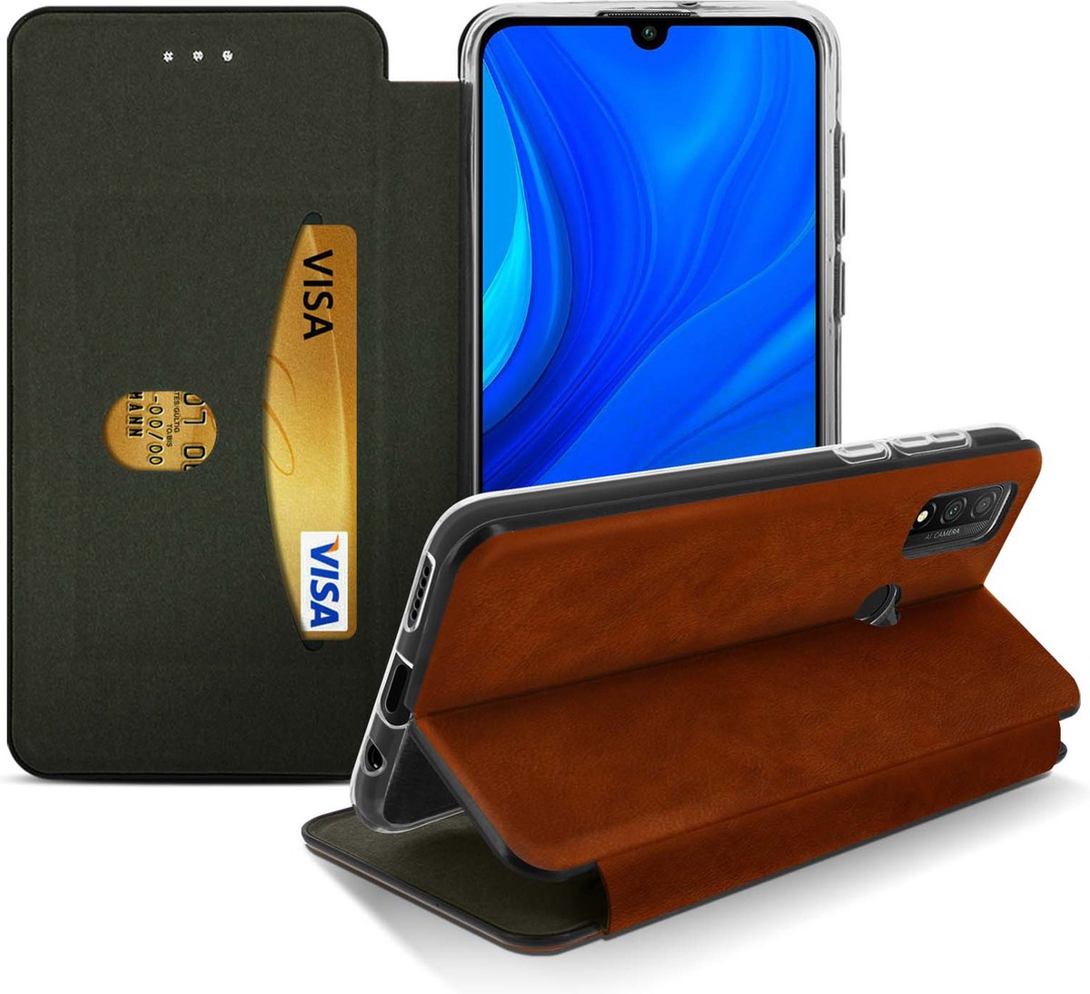 Geschikt voor Huawei P smart 2020 Hoesje Leer Textuur Kaarthouder+Standaard – Bruin