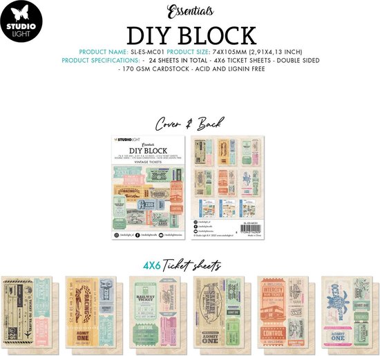 Voor- en achterkant van 'Essentials DIY Block Vintage Tickets' met vier losse 4x6 ticketvellen.