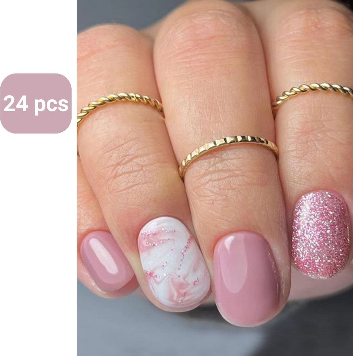 Goedkoopste GUAPÀ® Plaknagels | 24 stuks valse nagels | Press On Nails | Nepnagels | Kunstnagels | Compleet plaknagels starterspakket | Nagels stickers | 24 stuks plaknagels Roze Wit met glitters