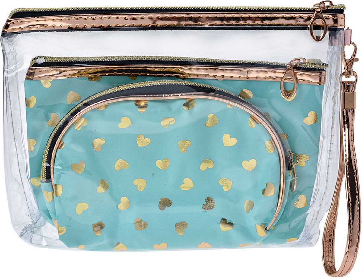 Juleeze Toilettas Dames Set van 3 23x17 / 20x13 / 18x12 cm Turquoise Polyester Hartjes