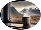 Dibond Ovaal - Stomende Kop Koffie in Camper met Uitzicht op Bergen - 28x21 cm Foto op Ovaal (Met Ophangsysteem)